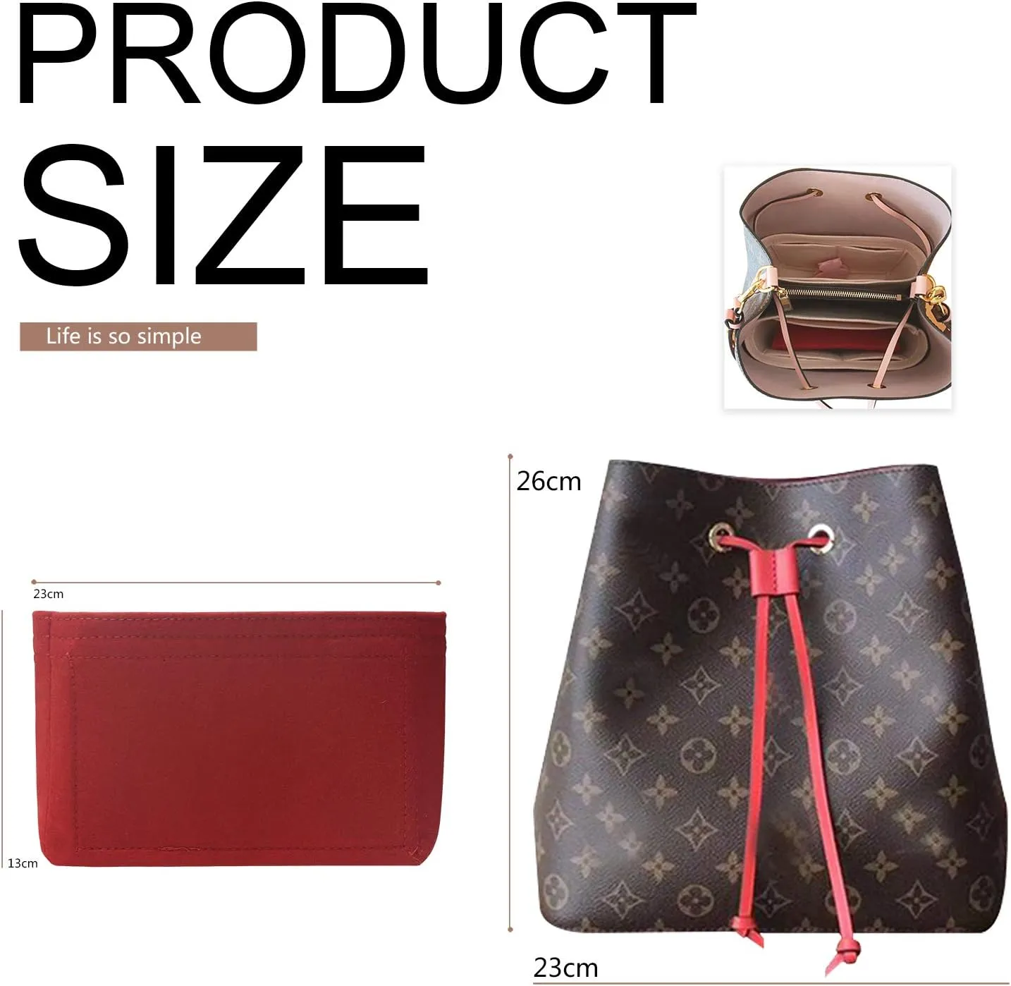 MISIXILE Bag Organizer, Bag Shaper Purse Insert Felt Organizer Fit in NeoNoe Noé and other Bucket Bags - red