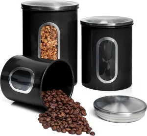 Mixpresso 3 Piece Black Canisters Sets For The Kitchen, Kitchen Jars With See Window, Airtight Coffee Container Tea Organizer & Sugar Canister, Kitchen Canisters Set of 3 Black Kitchen Décor