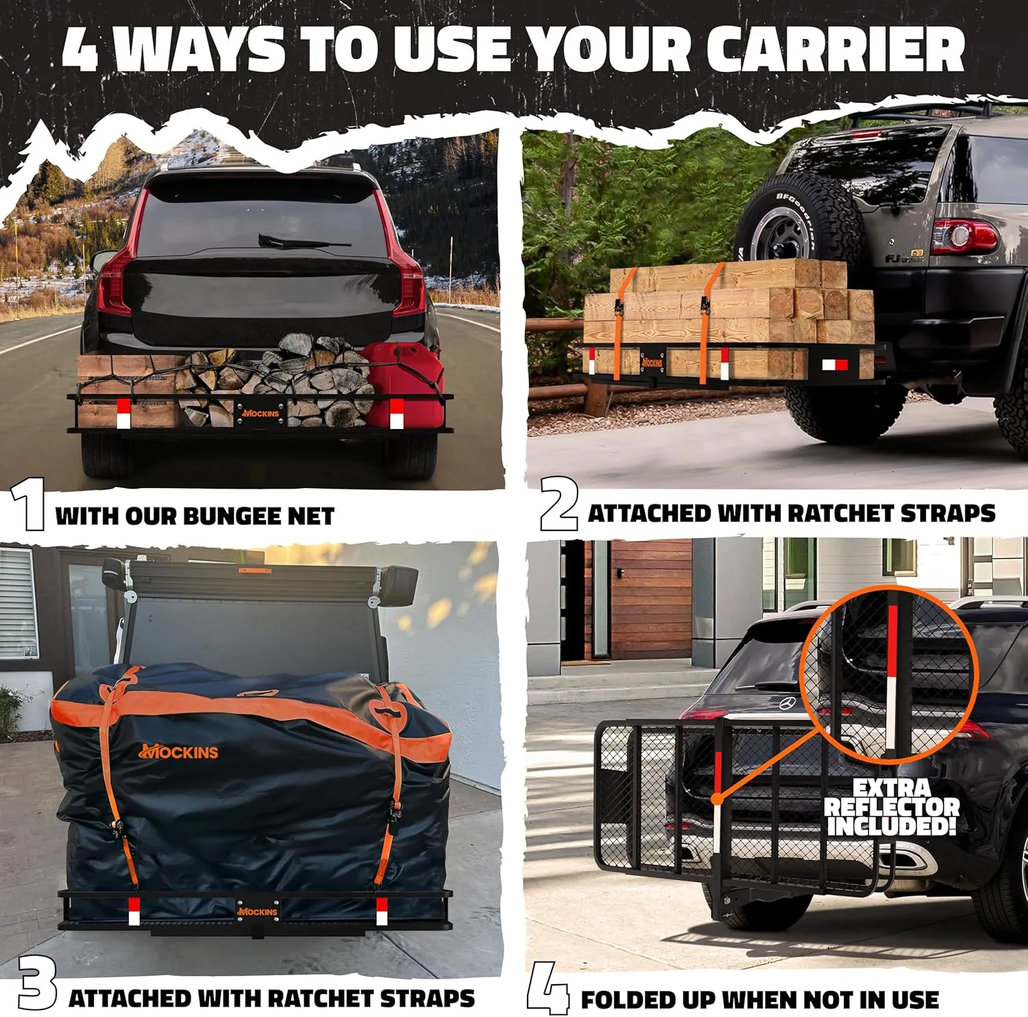 Mockins 60"x24"x6" Heavy Duty Trailer Hitch Cargo Carrier & 30 CuFt Waterproof Cargo Bag for Hitch Carrier w/ 6 Packing Cubes | Folding Luggage Rack for SUV, Car & Truck w/Basket & Bag Accessories