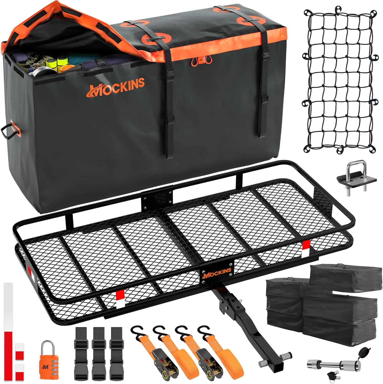 Mockins 60"x24"x6" Heavy Duty Trailer Hitch Cargo Carrier & 30 CuFt Waterproof Cargo Bag for Hitch Carrier w/ 6 Packing Cubes | Folding Luggage Rack for SUV, Car & Truck w/Basket & Bag Accessories