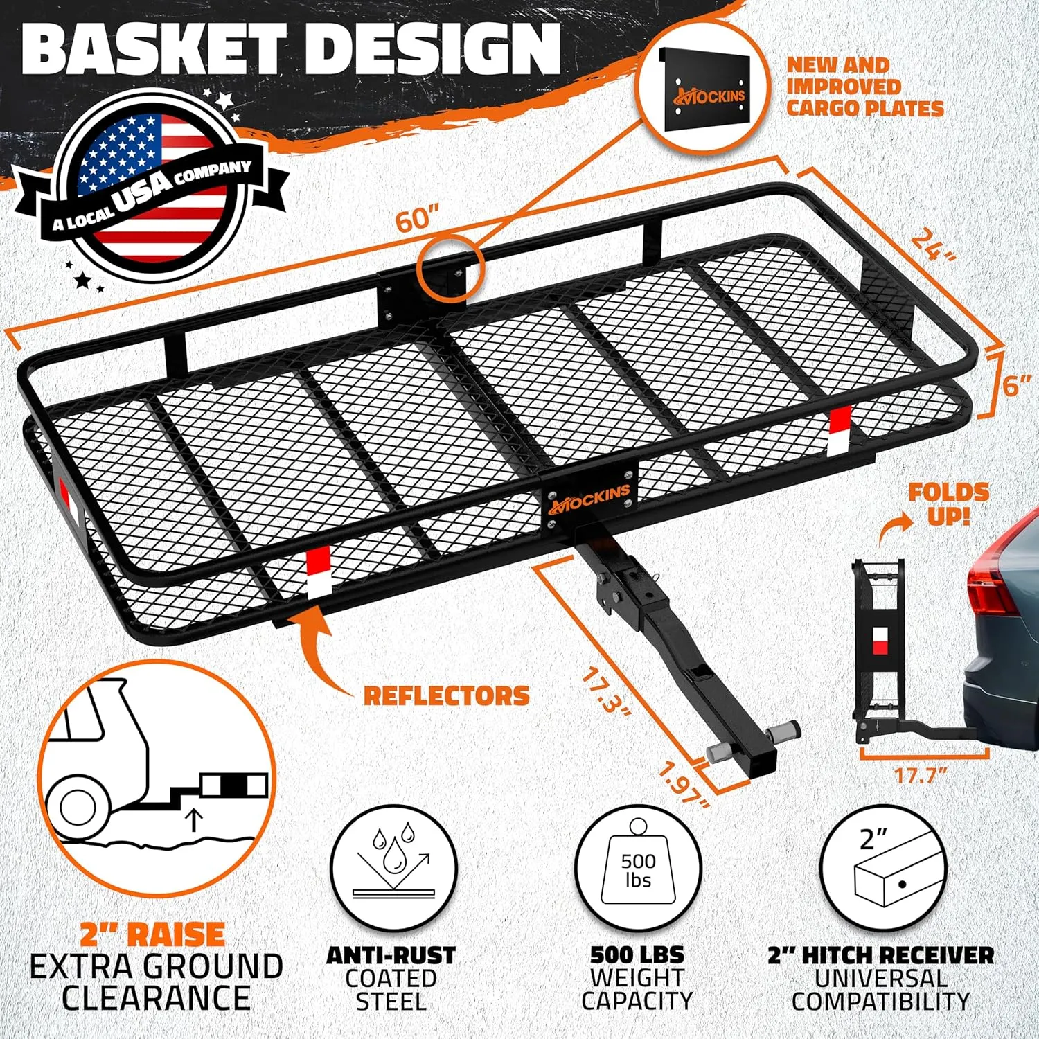 Mockins 60"x24"x6" Heavy Duty Trailer Hitch Cargo Carrier & 30 CuFt Waterproof Cargo Bag for Hitch Carrier w/ 6 Packing Cubes | Folding Luggage Rack for SUV, Car & Truck w/Basket & Bag Accessories