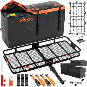 Mockins 60"x24"x6" Heavy Duty Trailer Hitch Cargo Carrier & 30 CuFt Waterproof Cargo Bag for Hitch Carrier w/ 6 Packing Cubes | Folding Luggage Rack for SUV, Car & Truck w/Basket & Bag Accessories