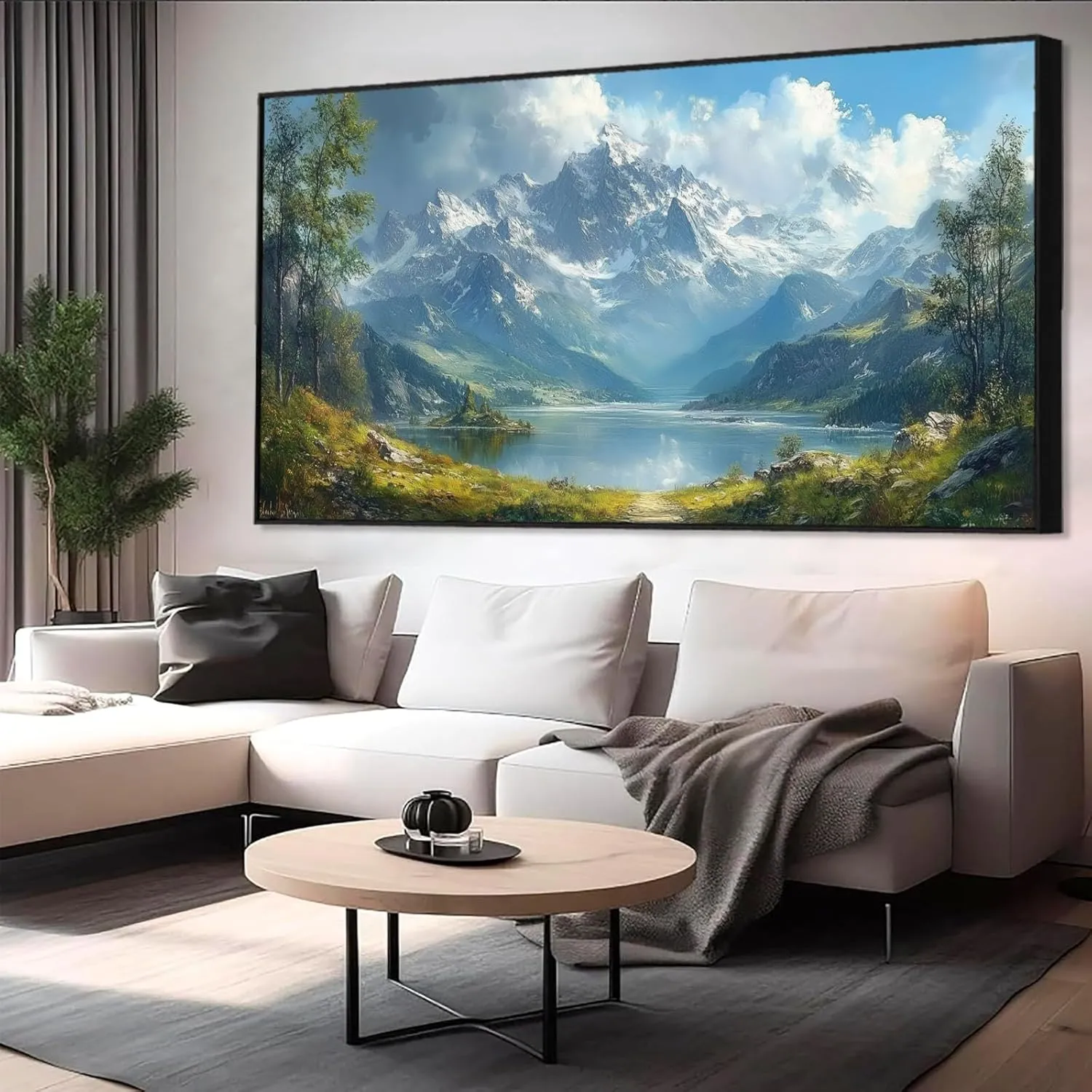 Mountain Landscape Canvas Wall Art, Snow Capped Peaks Painting Print, Snow Mountain Picture Wall Decor, Panoramic Alpine Scenery Poster, Nature Wall Art, Home Wall Decor (Gold Framed, 71"x35"|180x90cm)
