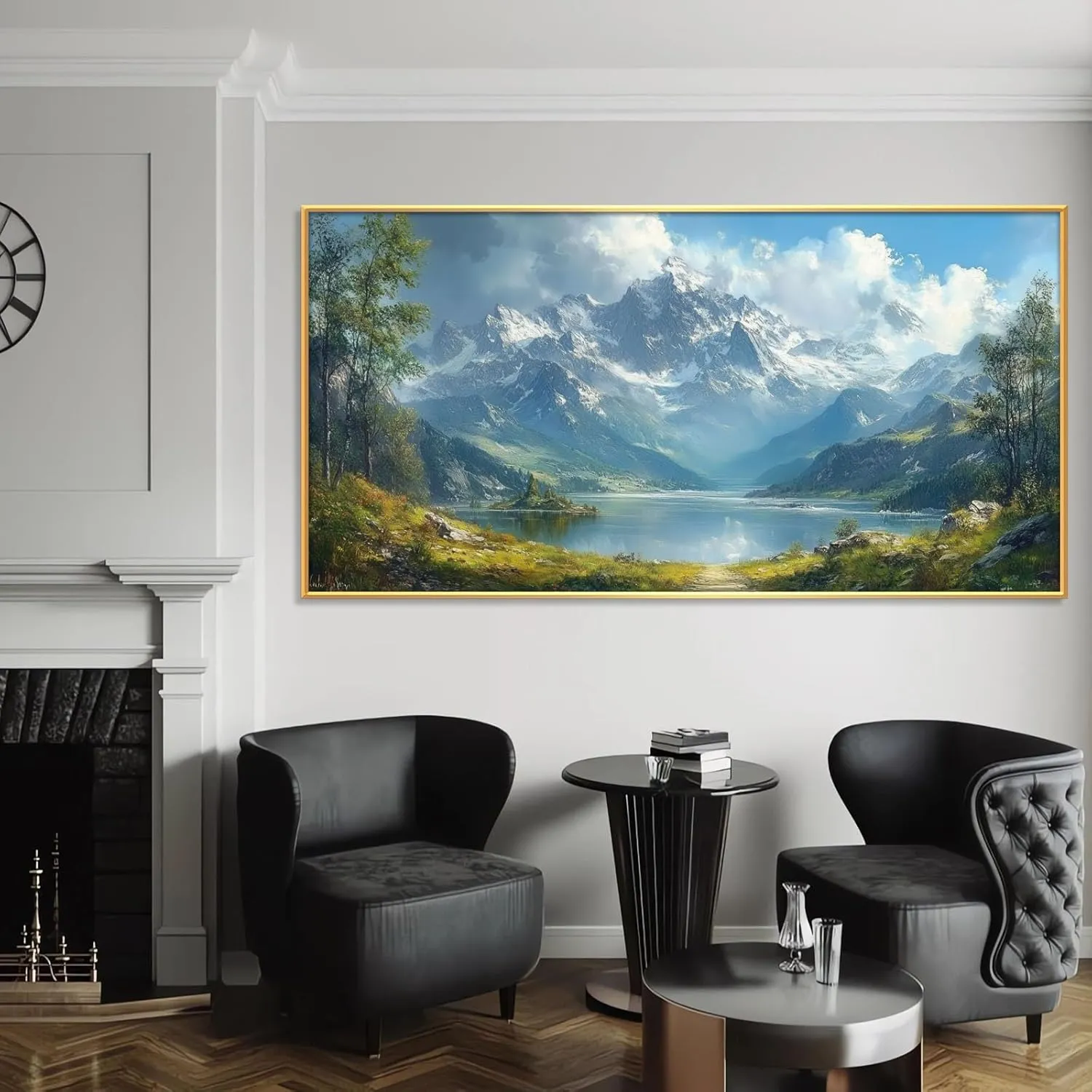 Mountain Landscape Canvas Wall Art, Snow Capped Peaks Painting Print, Snow Mountain Picture Wall Decor, Panoramic Alpine Scenery Poster, Nature Wall Art, Home Wall Decor (Gold Framed, 71"x35"|180x90cm)
