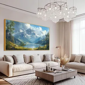 Mountain Landscape Canvas Wall Art, Snow Capped Peaks Painting Print, Snow Mountain Picture Wall Decor, Panoramic Alpine Scenery Poster, Nature Wall Art, Home Wall Decor (Gold Framed, 71"x35"|180x90cm)
