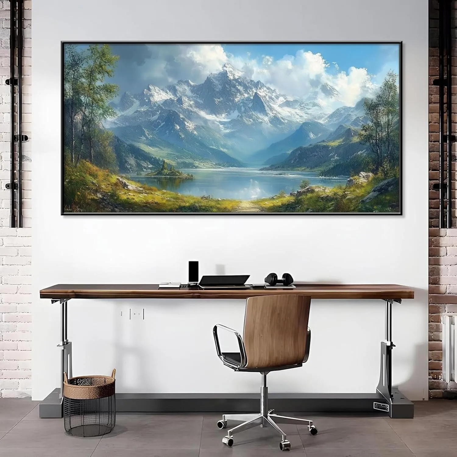 Mountain Landscape Canvas Wall Art, Snow Capped Peaks Painting Print, Snow Mountain Picture Wall Decor, Panoramic Alpine Scenery Poster, Nature Wall Art, Home Wall Decor (Gold Framed, 71"x35"|180x90cm)