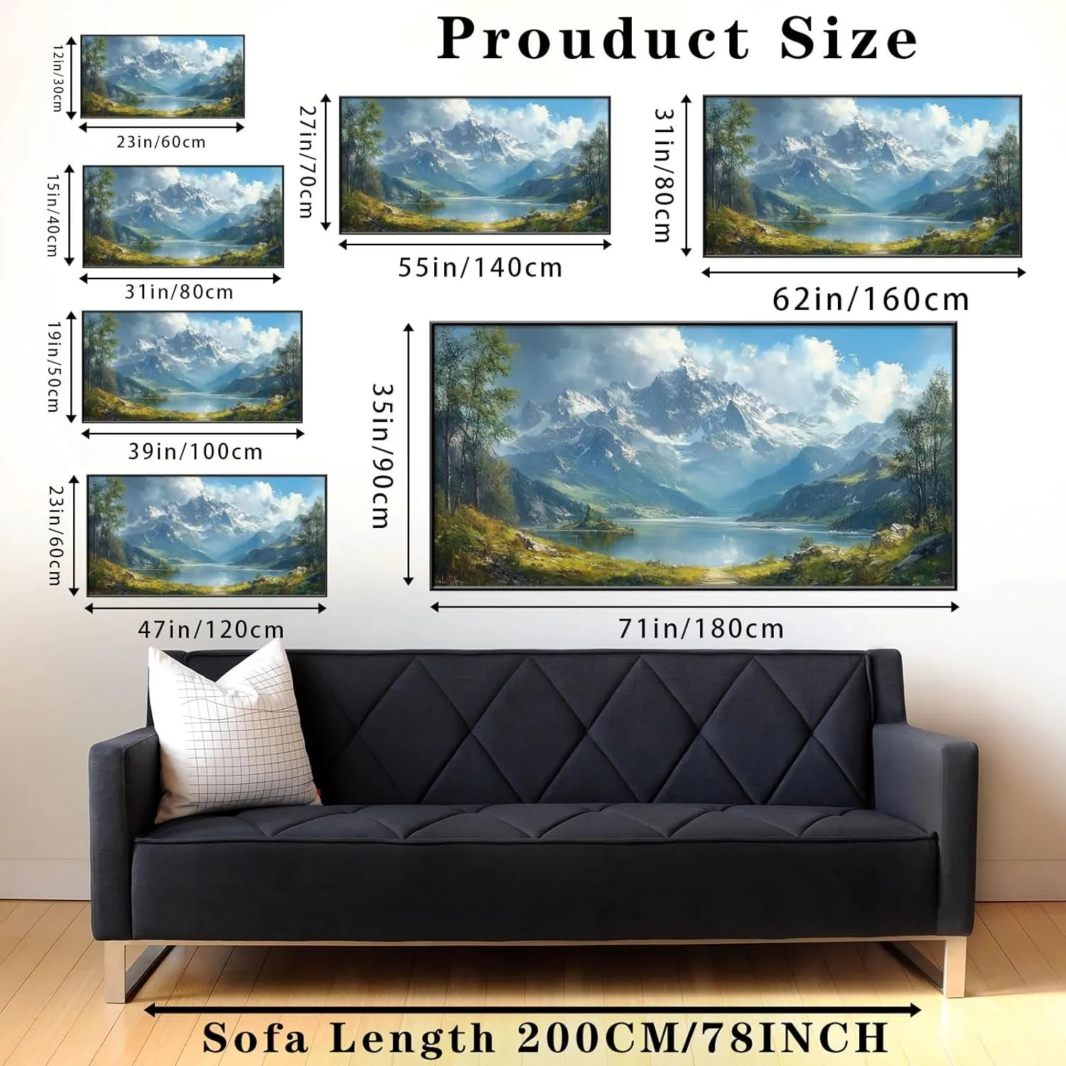 Mountain Landscape Canvas Wall Art, Snow Capped Peaks Painting Print, Snow Mountain Picture Wall Decor, Panoramic Alpine Scenery Poster, Nature Wall Art, Home Wall Decor (Gold Framed, 71"x35"|180x90cm)