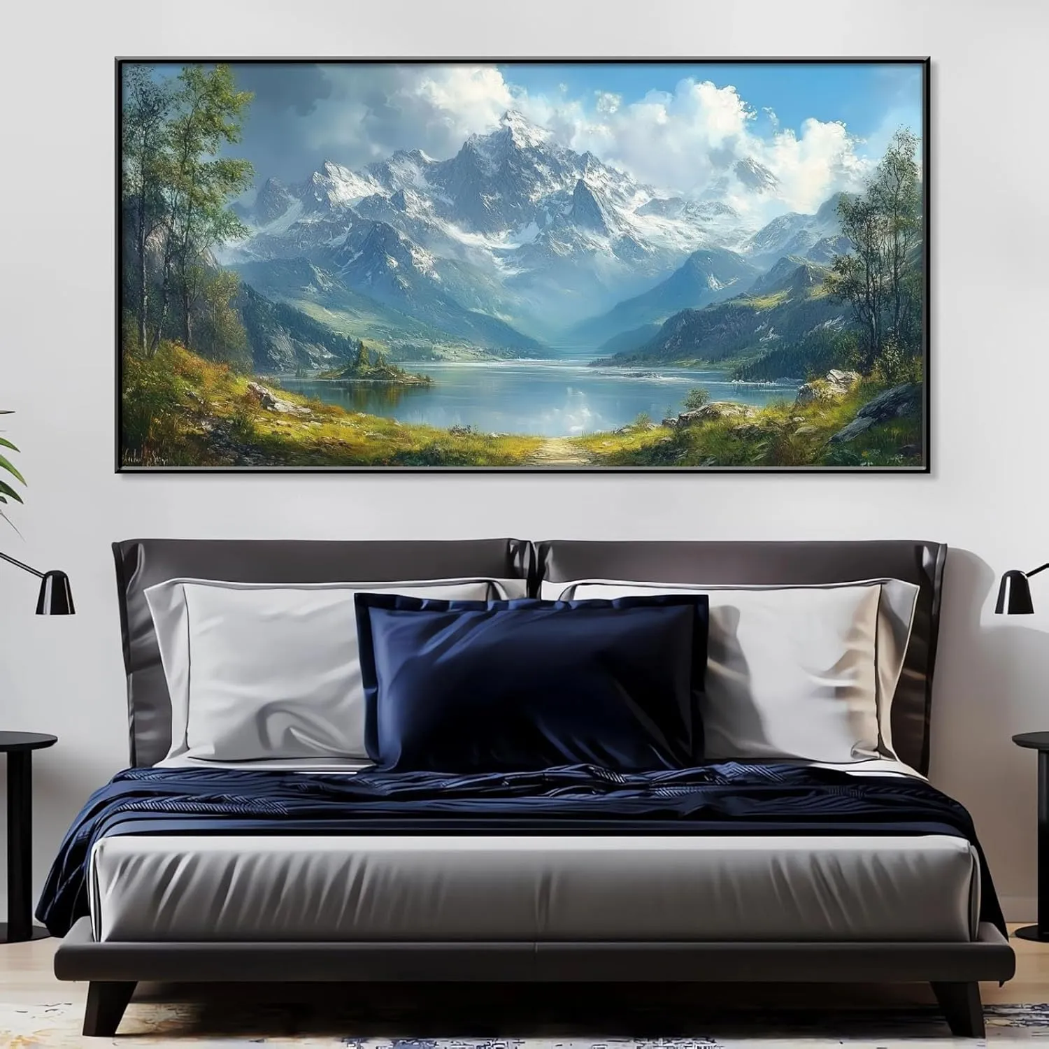 Mountain Landscape Canvas Wall Art, Snow Capped Peaks Painting Print, Snow Mountain Picture Wall Decor, Panoramic Alpine Scenery Poster, Nature Wall Art, Home Wall Decor (Gold Framed, 71"x35"|180x90cm)