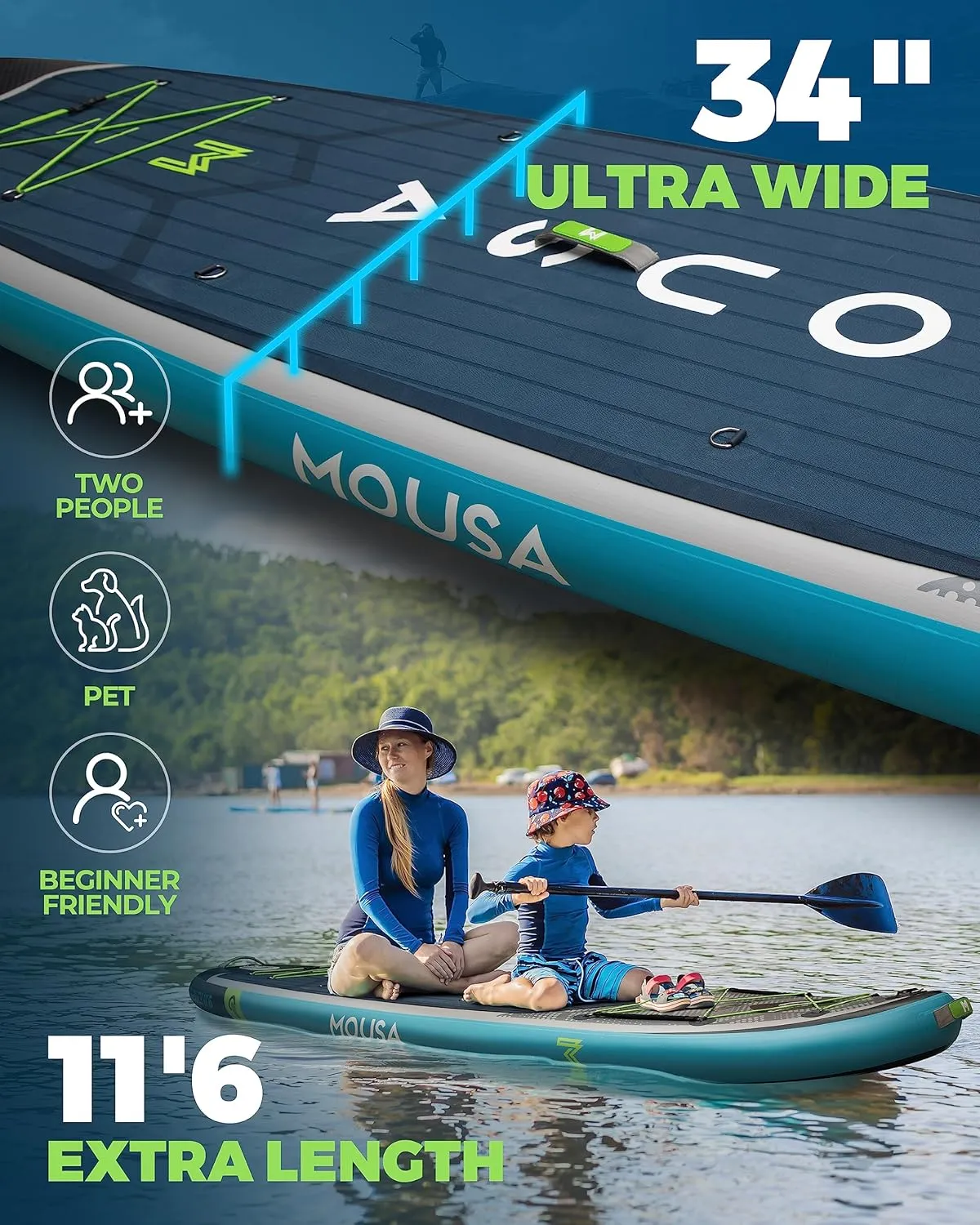 MOUSA 11'6“x35 Extra Wide Inflatable Stand Up Paddle Board, Stable Long SUP for 2 People/Family, Shoulder Strap, 3/5 Handles, 100L Backpack, All-Round Sup Board, Removeable Fin