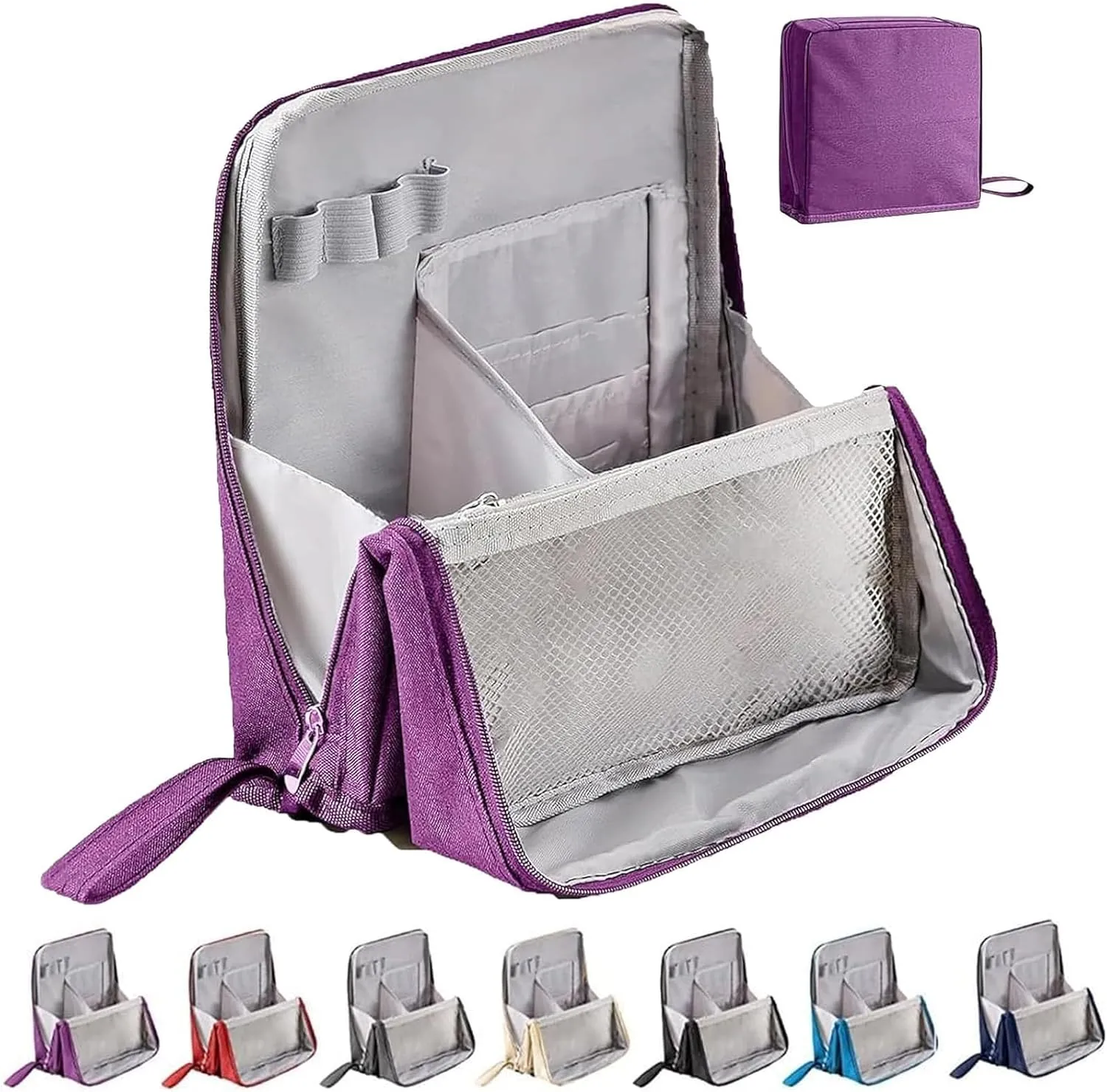 Multi-Purpose Large Capacity Oxford Cloth Standing Makeup Bag - Waterproof Cosmetic Organizer with Compartments, Travel Toiletry Bag, Black Standing Makeup Pouch for Storage (Purple)