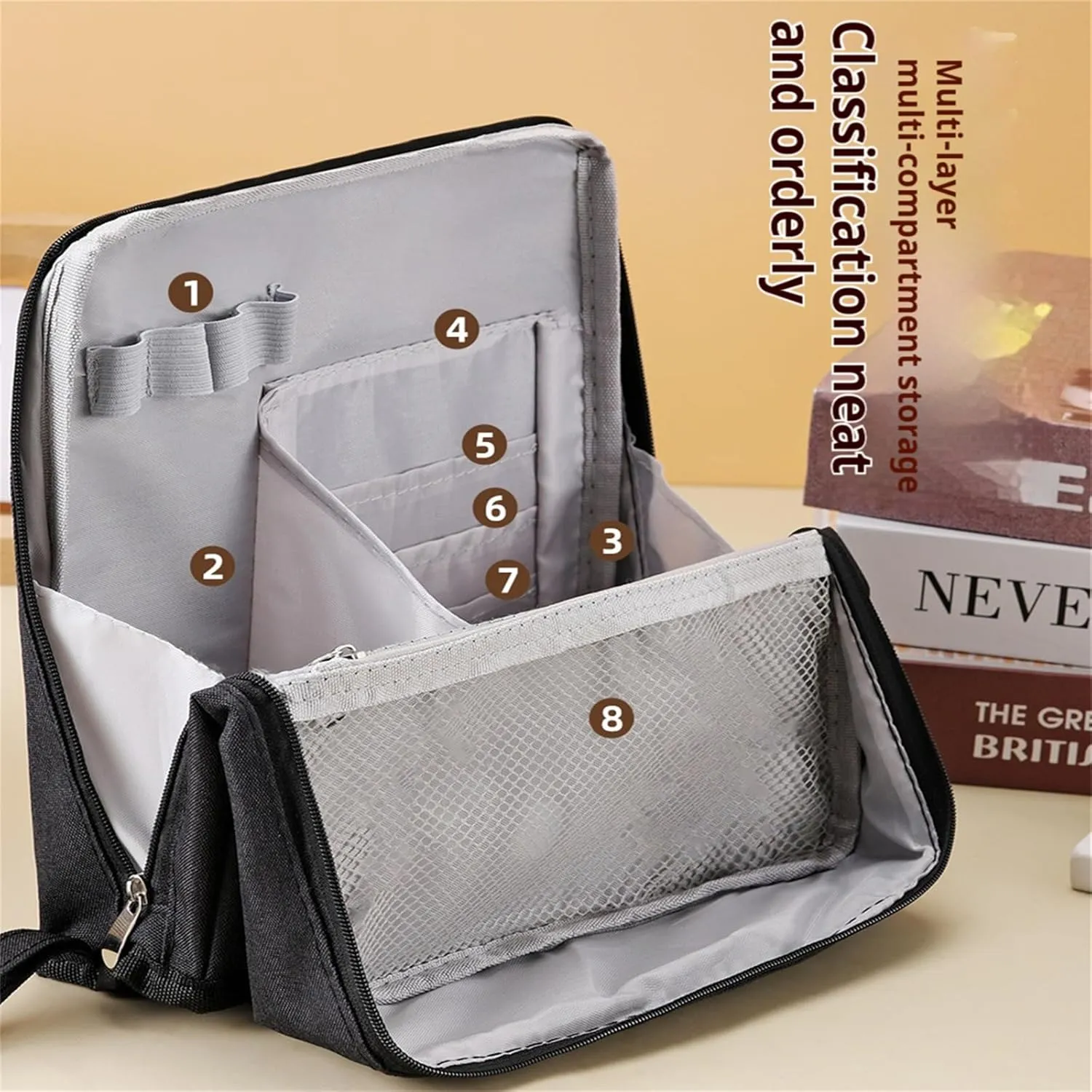 Multi-purpose Large Capacity Oxford Cloth Standing Makeup Bag, Waterproof Makeup Organizer Bag with Compartments, Portable Toiletry Bag for Makeup Brushes for Travel or Home Use (Beige)