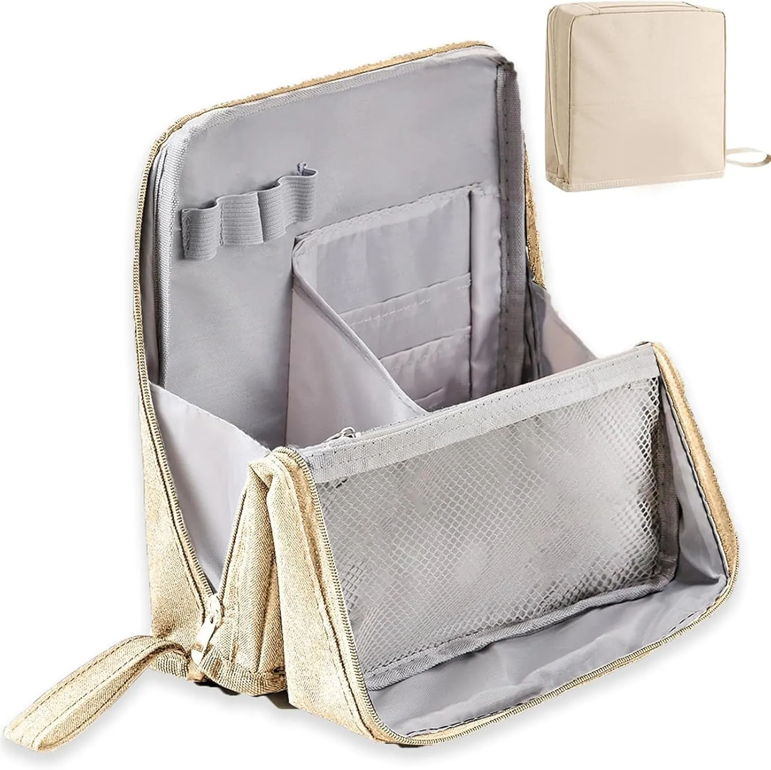 Multi-purpose Large Capacity Oxford Cloth Standing Makeup Bag, Waterproof Makeup Organizer Bag with Compartments, Portable Toiletry Bag for Makeup Brushes for Travel or Home Use (Beige)