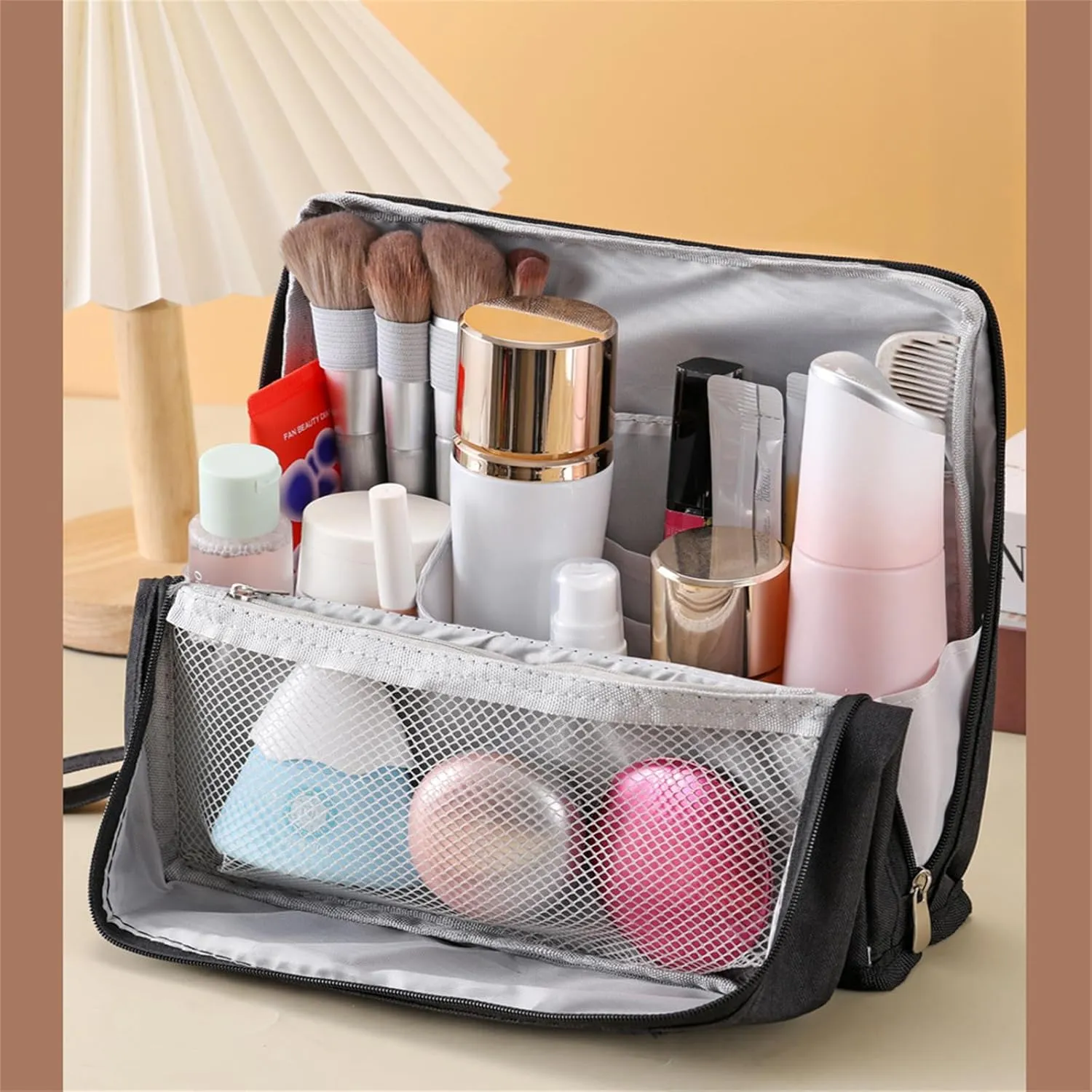 Multi-purpose Large Capacity Oxford Cloth Standing Makeup Bag, Waterproof Makeup Organizer Bag with Compartments, Portable Toiletry Bag for Makeup Brushes for Travel or Home Use (Beige)