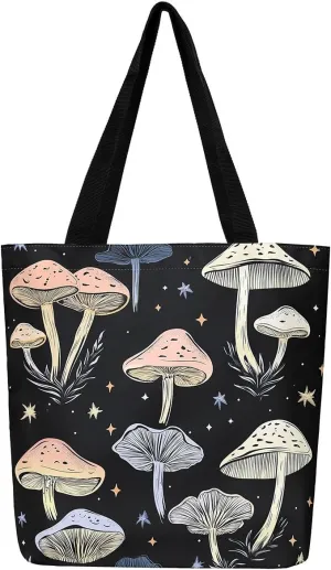 Mushroom Canvas Tote Bag for Women,Botanical Reusable Grocery Shoulder Bag Plant Leaves Travel Toiletry Bag