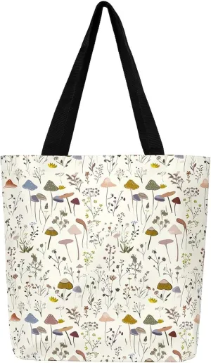 Mushroom Canvas Tote Bag for Women,Botanical Reusable Grocery Shoulder Bag Plant Leaves Travel Toiletry Bag