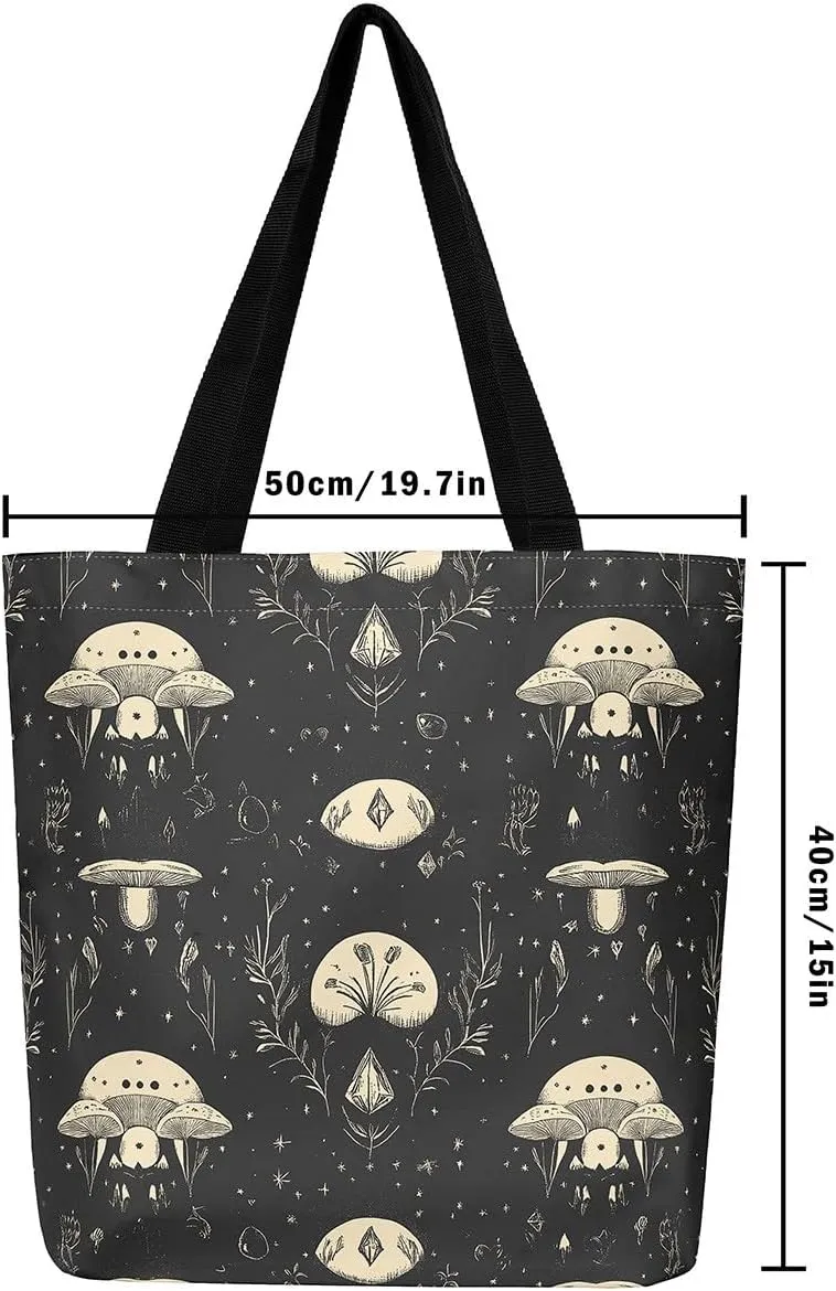 Mushroom Canvas Tote Bag for Women,Botanical Reusable Grocery Shoulder Bag Plant Leaves Travel Toiletry Bag