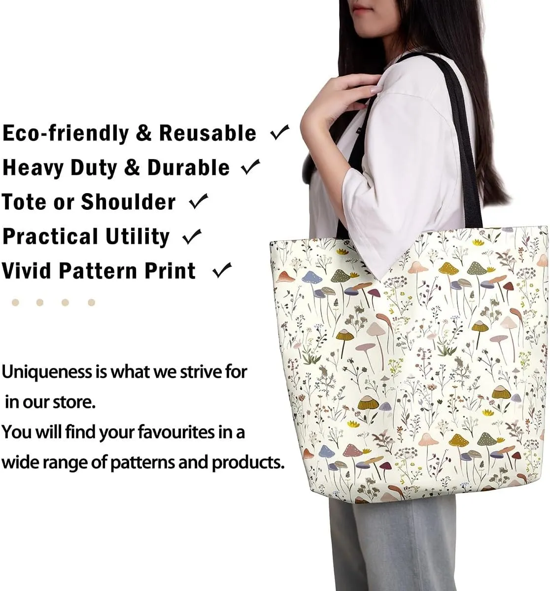 Mushroom Canvas Tote Bag for Women,Botanical Reusable Grocery Shoulder Bag Plant Leaves Travel Toiletry Bag
