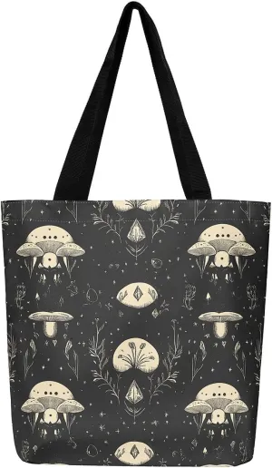Mushroom Canvas Tote Bag for Women,Botanical Reusable Grocery Shoulder Bag Plant Leaves Travel Toiletry Bag