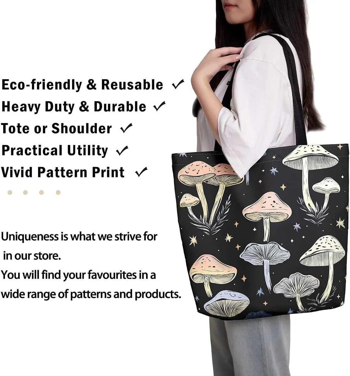 Mushroom Canvas Tote Bag for Women,Botanical Reusable Grocery Shoulder Bag Plant Leaves Travel Toiletry Bag