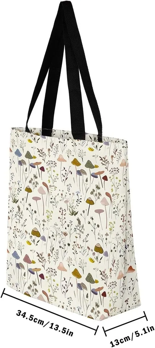 Mushroom Canvas Tote Bag for Women,Botanical Reusable Grocery Shoulder Bag Plant Leaves Travel Toiletry Bag