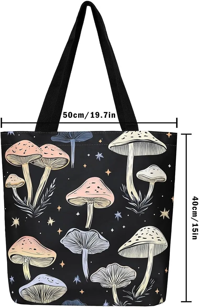 Mushroom Canvas Tote Bag for Women,Botanical Reusable Grocery Shoulder Bag Plant Leaves Travel Toiletry Bag
