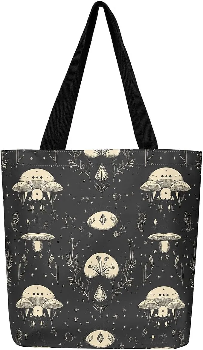 Mushroom Canvas Tote Bag for Women,Botanical Reusable Grocery Shoulder Bag Plant Leaves Travel Toiletry Bag