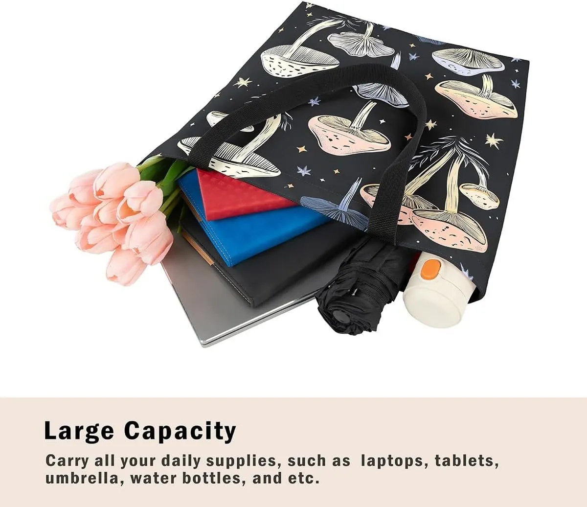 Mushroom Canvas Tote Bag for Women,Botanical Reusable Grocery Shoulder Bag Plant Leaves Travel Toiletry Bag