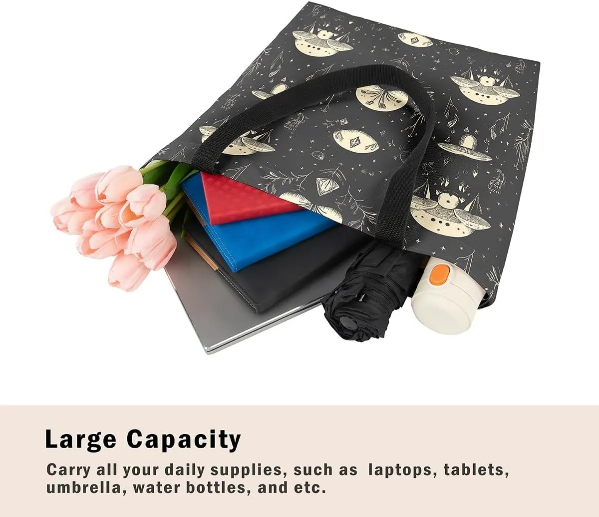 Mushroom Canvas Tote Bag for Women,Botanical Reusable Grocery Shoulder Bag Plant Leaves Travel Toiletry Bag