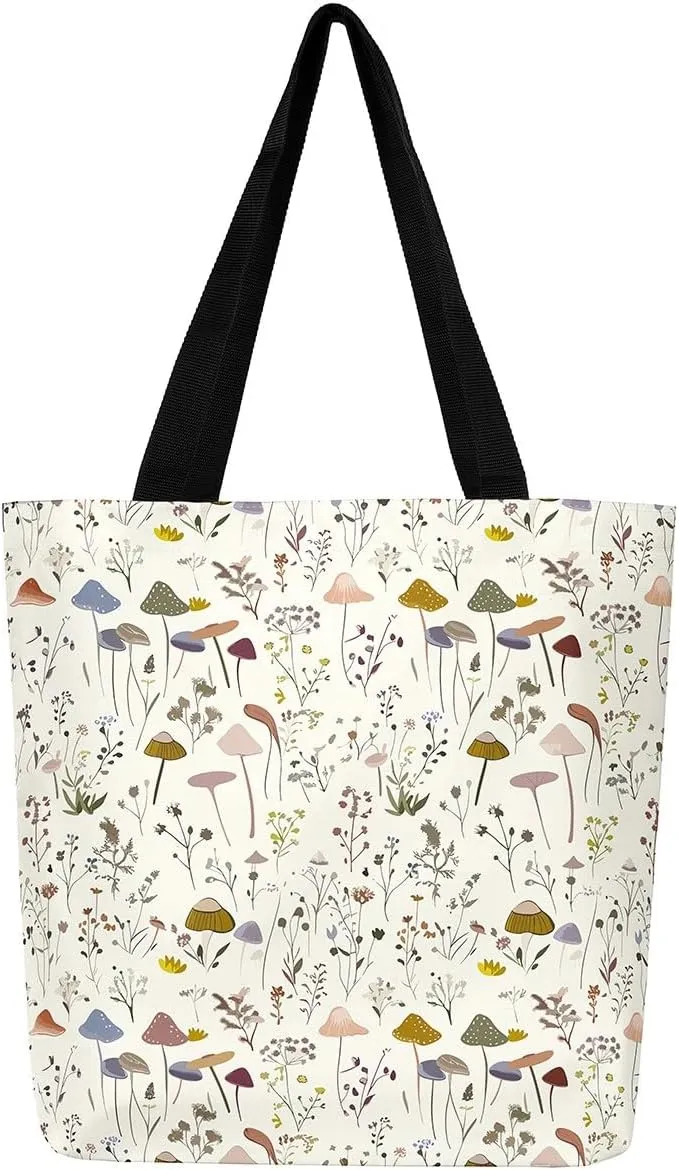 Mushroom Canvas Tote Bag for Women,Botanical Reusable Grocery Shoulder Bag Plant Leaves Travel Toiletry Bag