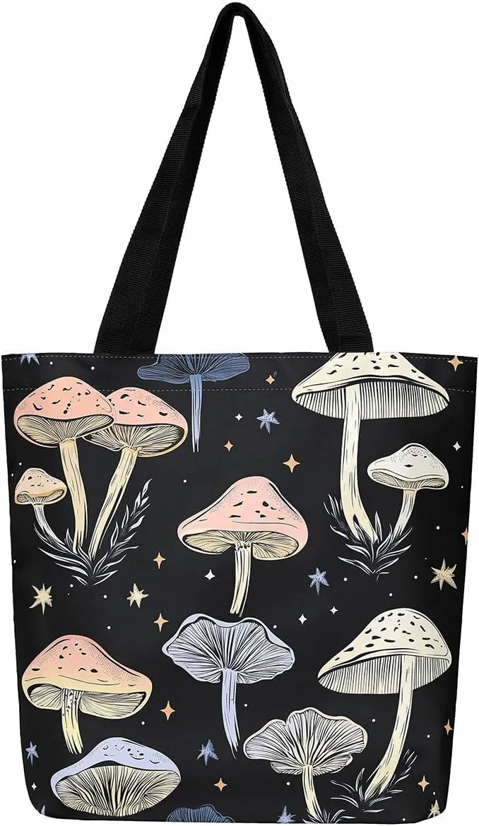 Mushroom Canvas Tote Bag for Women,Botanical Reusable Grocery Shoulder Bag Plant Leaves Travel Toiletry Bag