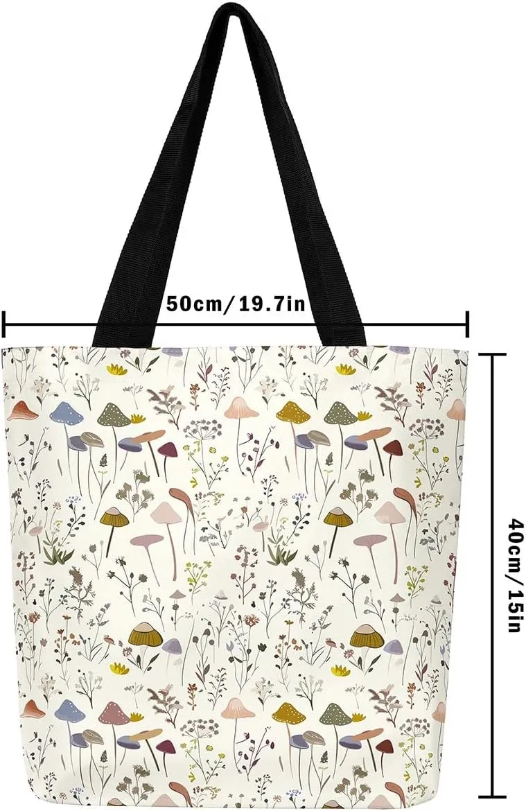 Mushroom Canvas Tote Bag for Women,Botanical Reusable Grocery Shoulder Bag Plant Leaves Travel Toiletry Bag