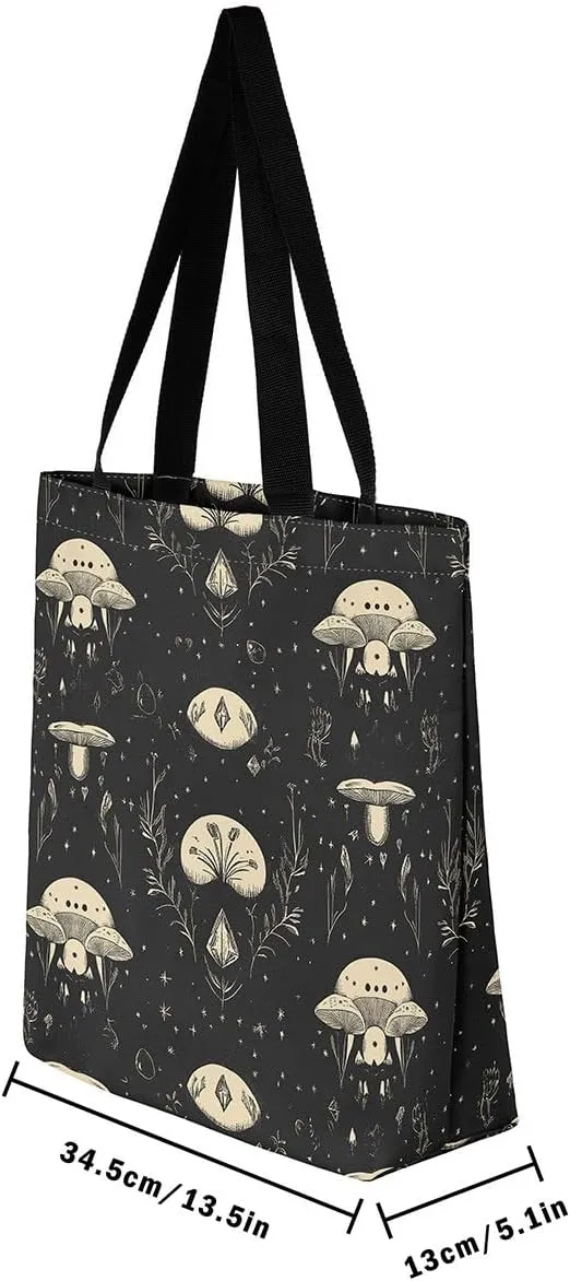 Mushroom Canvas Tote Bag for Women,Botanical Reusable Grocery Shoulder Bag Plant Leaves Travel Toiletry Bag