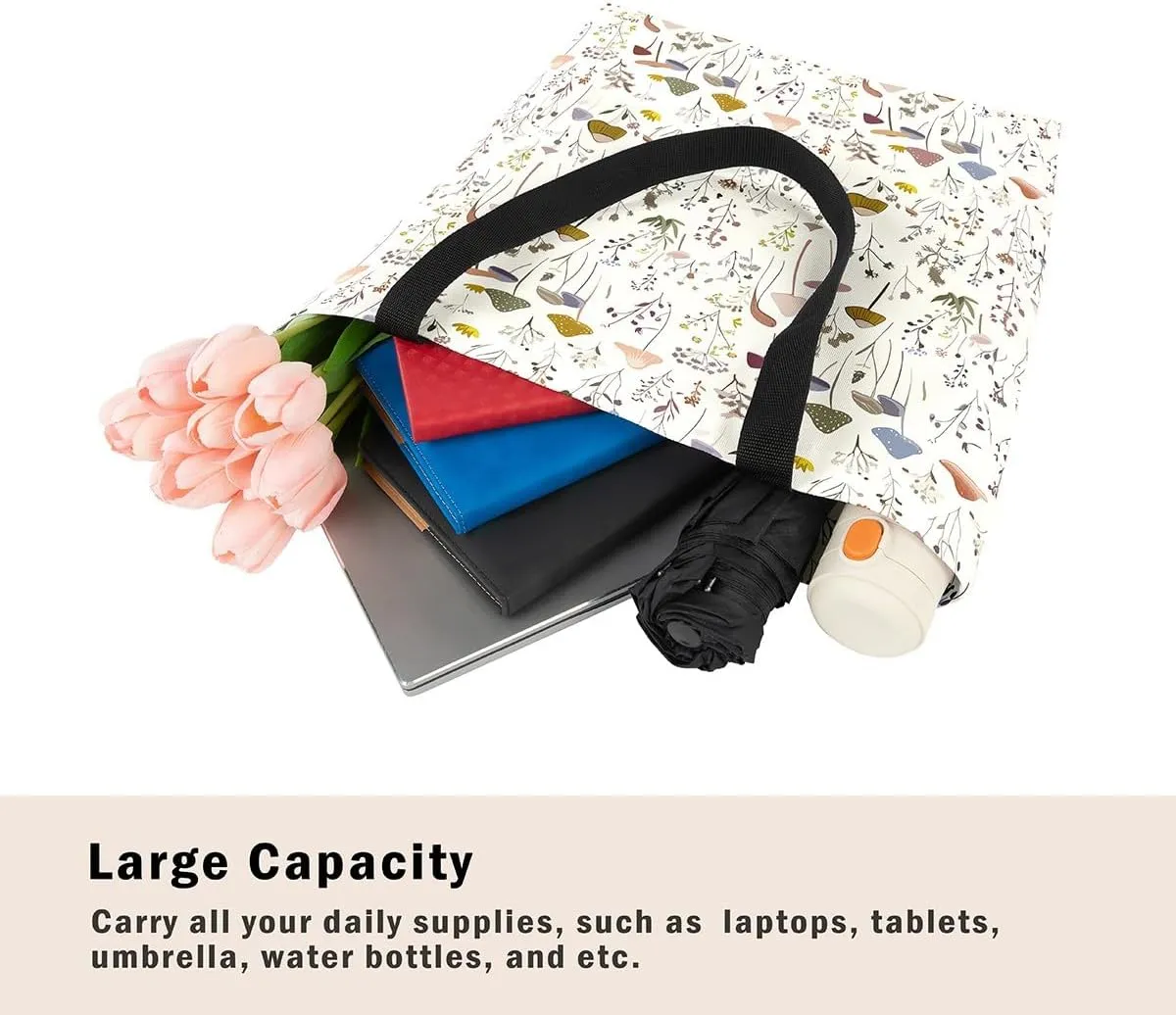 Mushroom Canvas Tote Bag for Women,Botanical Reusable Grocery Shoulder Bag Plant Leaves Travel Toiletry Bag