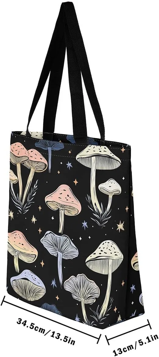 Mushroom Canvas Tote Bag for Women,Botanical Reusable Grocery Shoulder Bag Plant Leaves Travel Toiletry Bag
