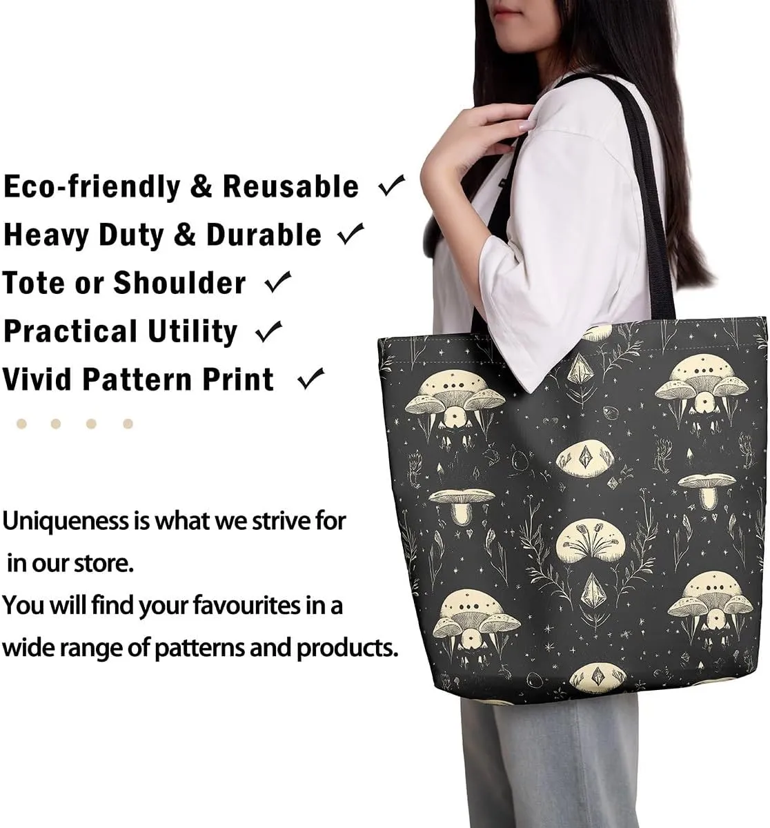 Mushroom Canvas Tote Bag for Women,Botanical Reusable Grocery Shoulder Bag Plant Leaves Travel Toiletry Bag