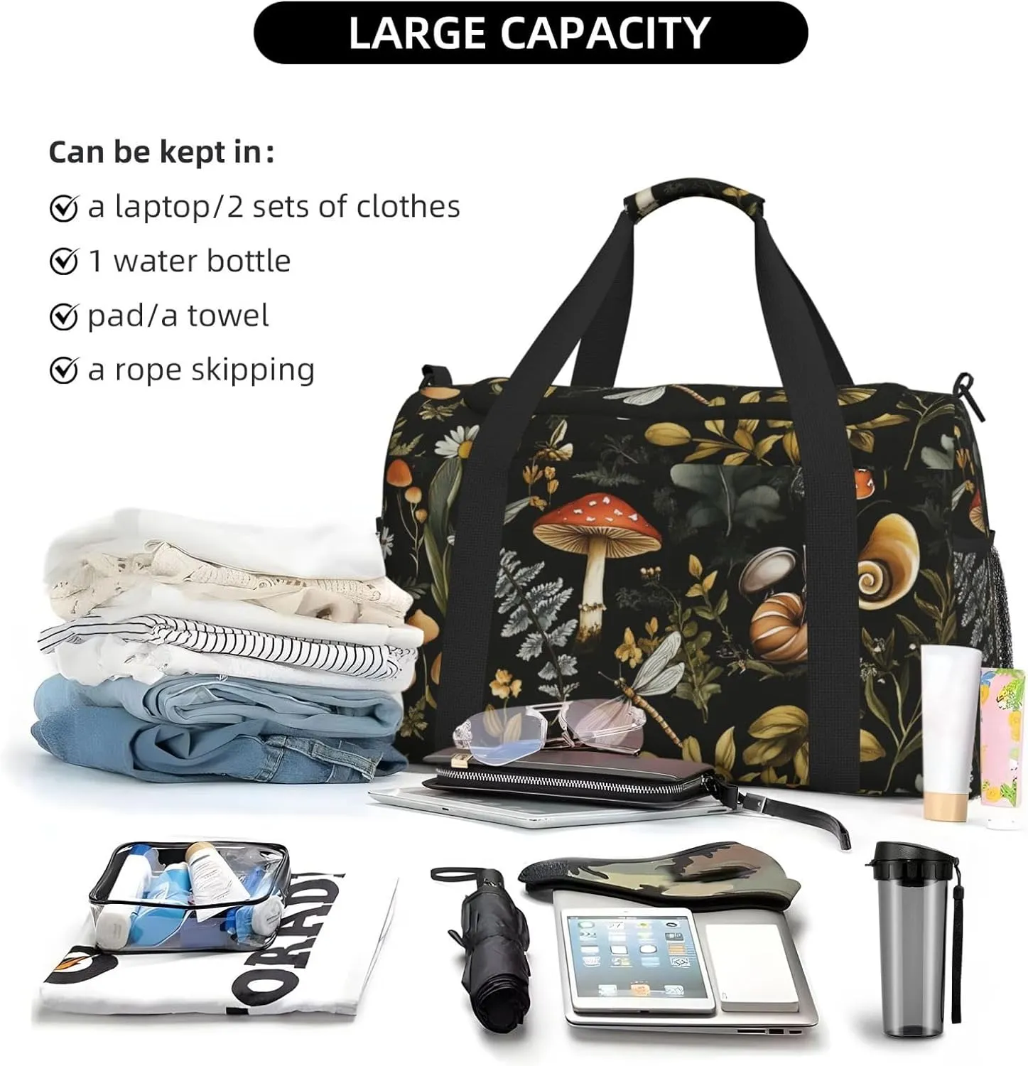Mushroom Insect Plant Duffle Bag Foldable Travel Tote Bag Carry On Large Weekender Overnight Bags Waterproof Gym Bag For Women Men