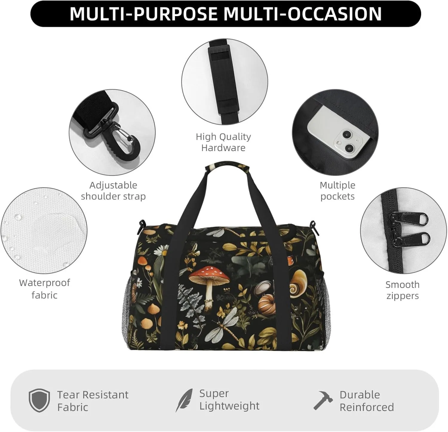 Mushroom Insect Plant Duffle Bag Foldable Travel Tote Bag Carry On Large Weekender Overnight Bags Waterproof Gym Bag For Women Men