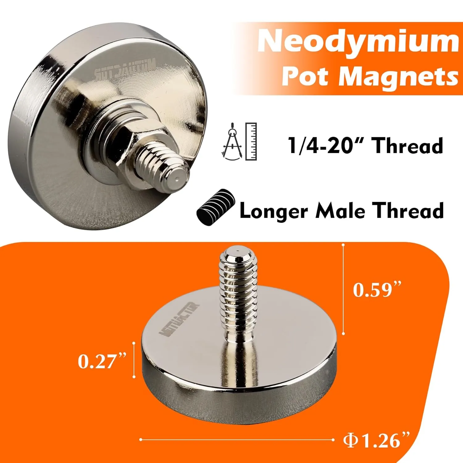 MUTUACTOR 92lbs Neodymium Cup Magnets,1/4-20” Male Threaded Powerful Rare Earth Magnets,8pcs Anti-Broken Heavy Duty Magnets with Bolts Nuts for Camera Mount LED Lightings Outdoor Brackets