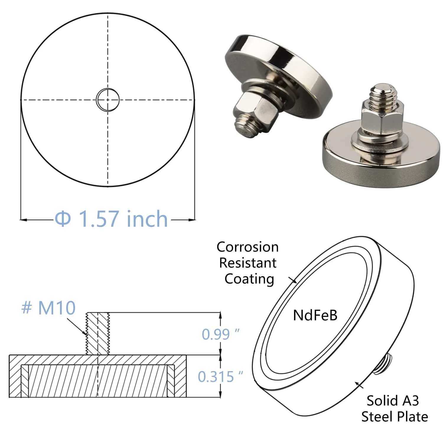 MUTUACTOR Super Strong Neodymium Magnet,150lbs Anti-Broken Rare Earth Magnets with M10 Male Thread，Easy Use Heavy Duty Magnets for Mounting Fixing Repairing