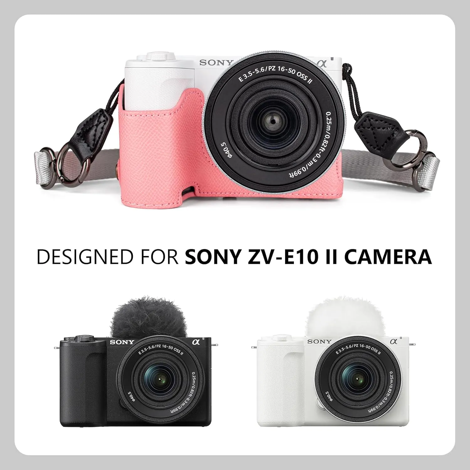 MUZIRI KINOKOO Camera Case for Sony ZV-E10 II, PU Leather Protective Case for Sony Alpha ZV-E10 II/ZVE10 II Camera with 16-50mm Lens - Removable Case with Shoulder Strap & Storage Pocket - Pink