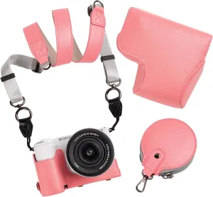 MUZIRI KINOKOO Camera Case for Sony ZV-E10 II, PU Leather Protective Case for Sony Alpha ZV-E10 II/ZVE10 II Camera with 16-50mm Lens - Removable Case with Shoulder Strap & Storage Pocket - Pink