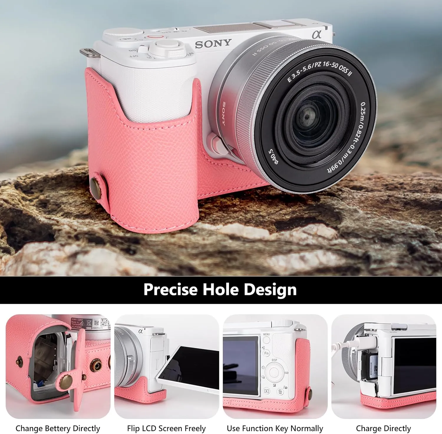 MUZIRI KINOKOO Camera Case for Sony ZV-E10 II, PU Leather Protective Case for Sony Alpha ZV-E10 II/ZVE10 II Camera with 16-50mm Lens - Removable Case with Shoulder Strap & Storage Pocket - Pink