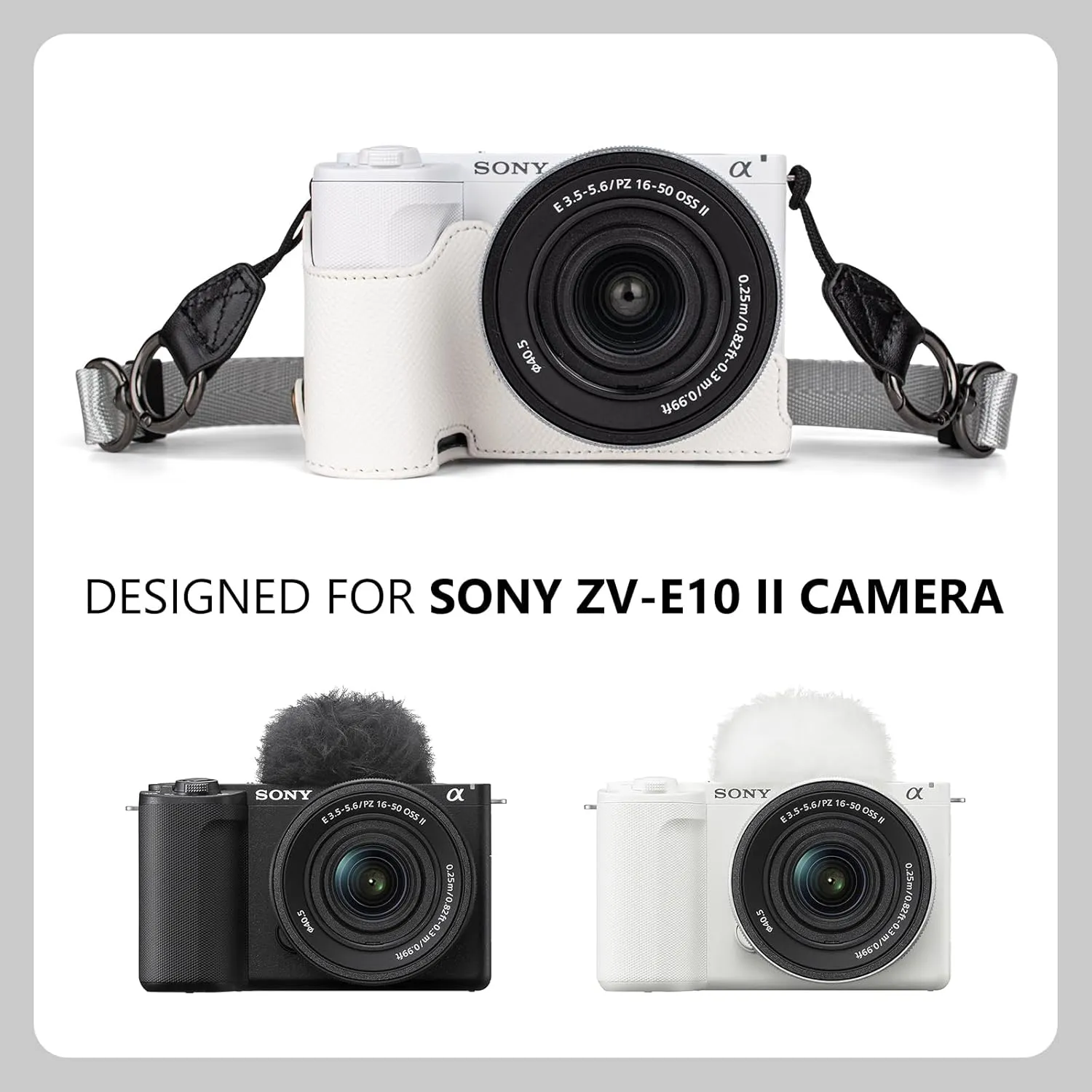 MUZIRI KINOKOO Camera Case for Sony ZV-E10 II, PU Leather Protective Case for Sony Alpha ZV-E10 II/ZVE10 II Camera with 16-50mm Lens - Removable Case with Shoulder Strap & Storage Pocket - White