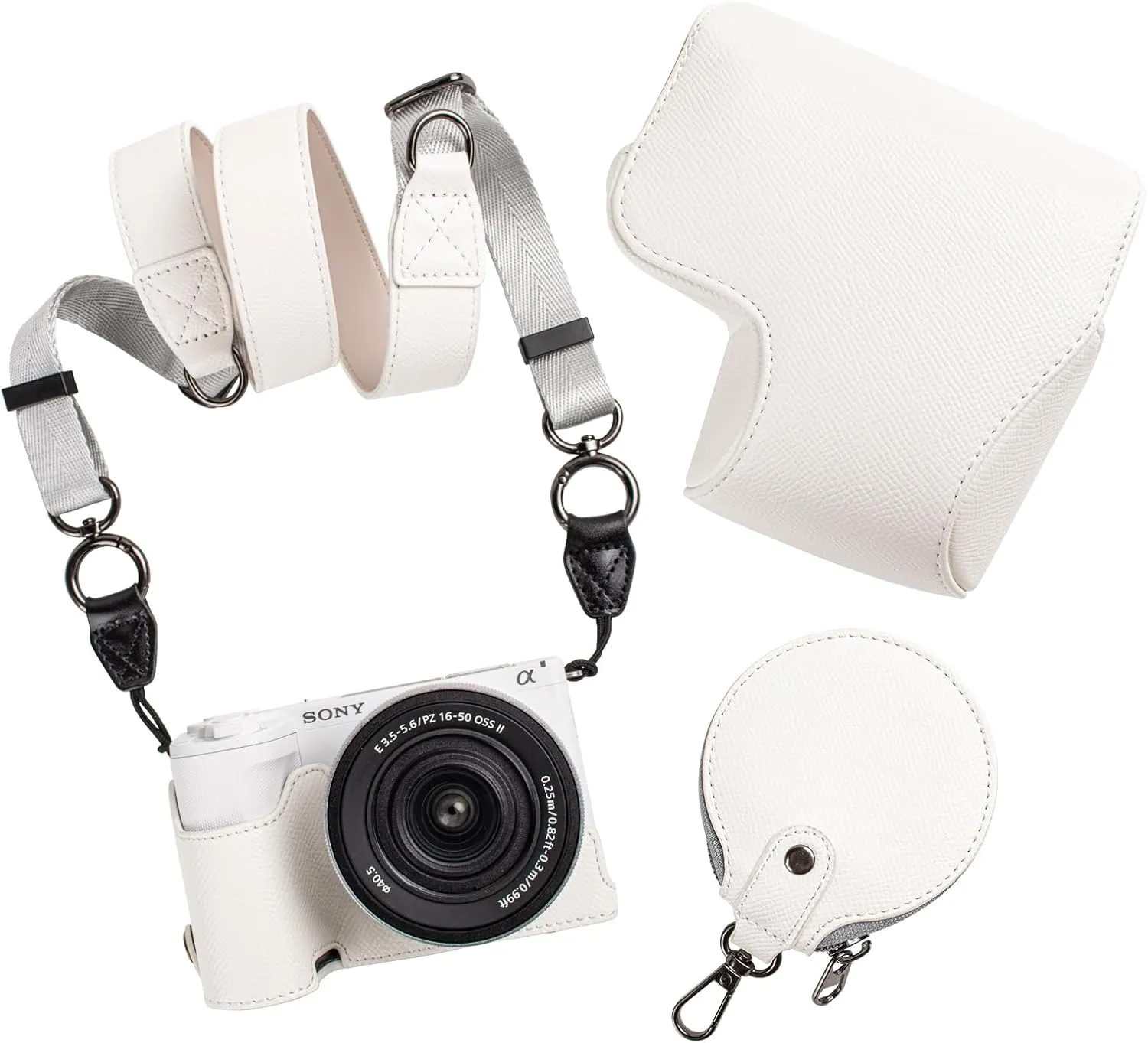 MUZIRI KINOKOO Camera Case for Sony ZV-E10 II, PU Leather Protective Case for Sony Alpha ZV-E10 II/ZVE10 II Camera with 16-50mm Lens - Removable Case with Shoulder Strap & Storage Pocket - White