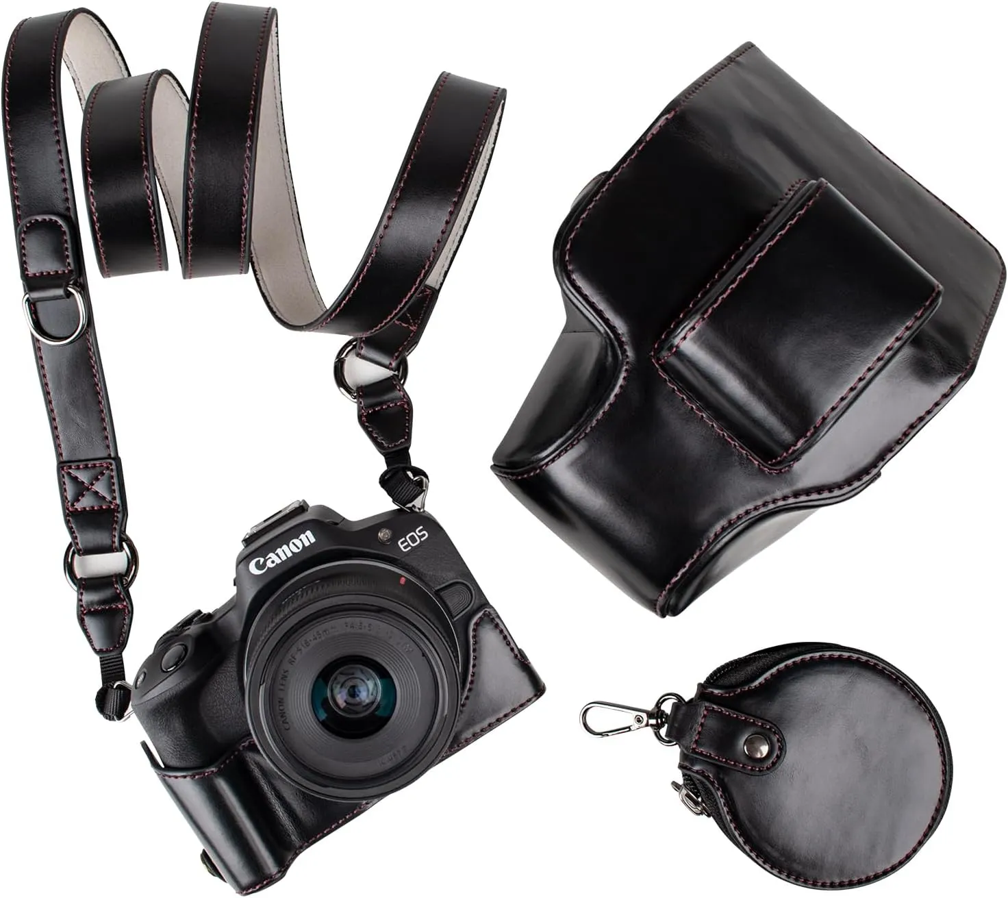 MUZIRI KINOKOO EOS R50 R100 Case, Retro PU Leather Protective Case for Canon EOS R50 R100 DSLR Camera - EOS R50 R100 Camera Case Bag with Bottom Opening & Shoulder Strap & Storage Pocket - Black