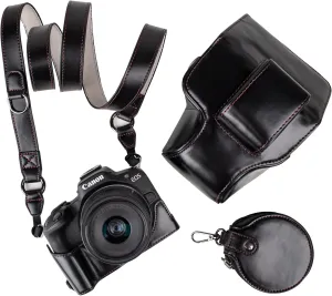 MUZIRI KINOKOO EOS R50 R100 Case, Retro PU Leather Protective Case for Canon EOS R50 R100 DSLR Camera - EOS R50 R100 Camera Case Bag with Bottom Opening & Shoulder Strap & Storage Pocket - Black