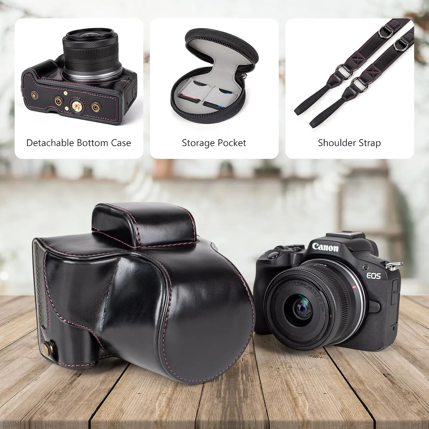 MUZIRI KINOKOO EOS R50 R100 Case, Retro PU Leather Protective Case for Canon EOS R50 R100 DSLR Camera - EOS R50 R100 Camera Case Bag with Bottom Opening & Shoulder Strap & Storage Pocket - Black
