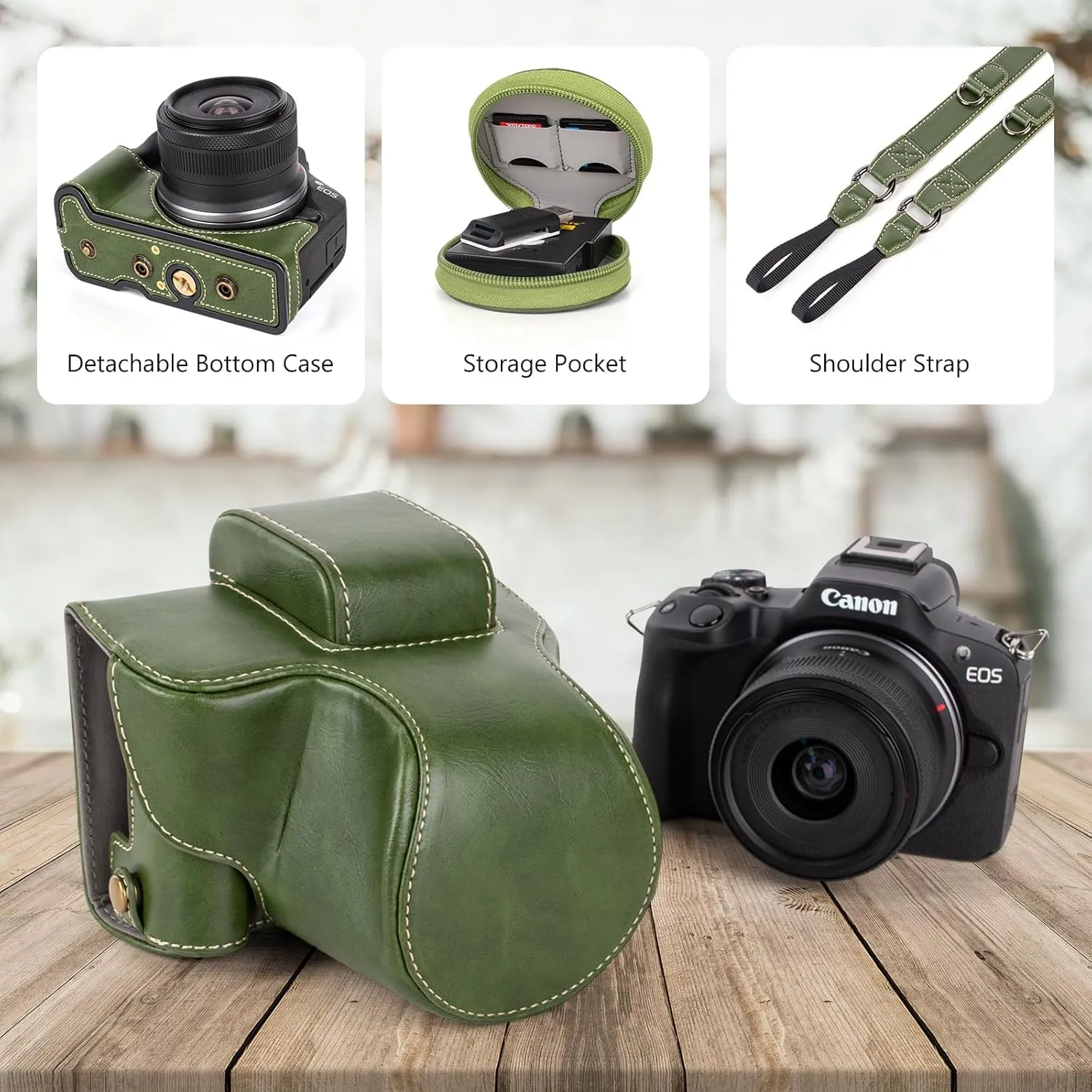 MUZIRI KINOKOO EOS R50 R100 Case, Retro PU Leather Protective Case for Canon EOS R50 R100 DSLR Camera - EOS R50 R100 Camera Case Bag with Bottom Opening & Shoulder Strap & Storage Pocket - Green