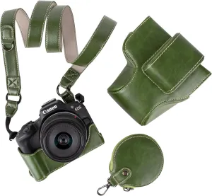 MUZIRI KINOKOO EOS R50 R100 Case, Retro PU Leather Protective Case for Canon EOS R50 R100 DSLR Camera - EOS R50 R100 Camera Case Bag with Bottom Opening & Shoulder Strap & Storage Pocket - Green