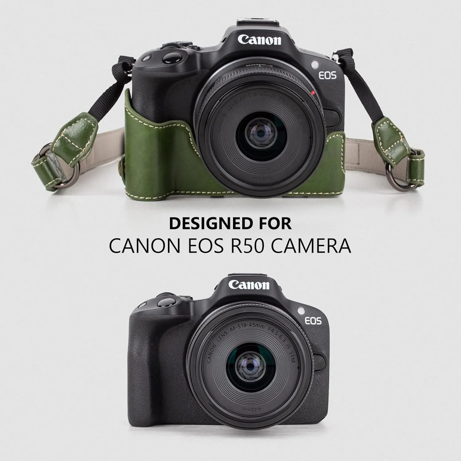 MUZIRI KINOKOO EOS R50 R100 Case, Retro PU Leather Protective Case for Canon EOS R50 R100 DSLR Camera - EOS R50 R100 Camera Case Bag with Bottom Opening & Shoulder Strap & Storage Pocket - Green